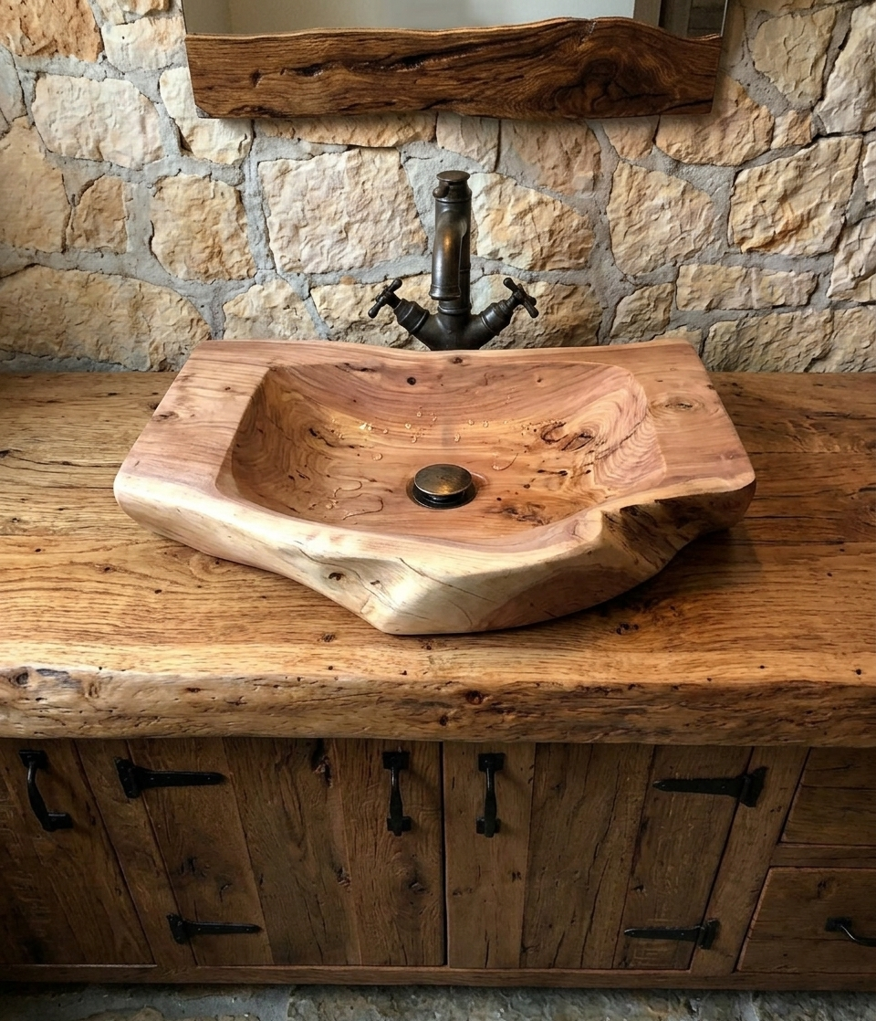 Handcrafted natural wood bathroom sink by RWA & Co.